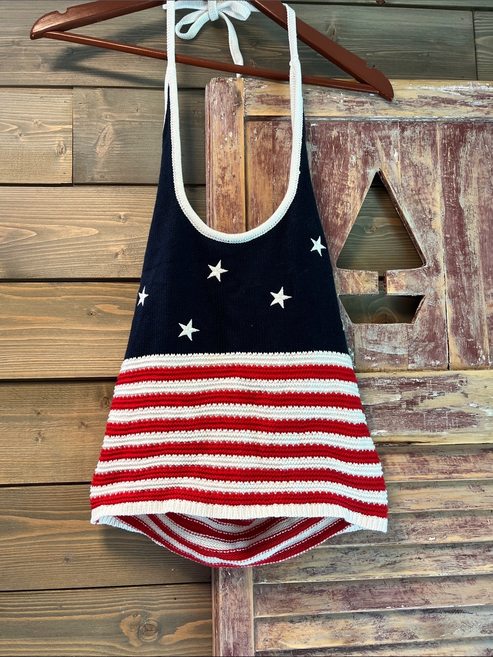 Sincerely Jules Red White and Navy Crocheted American Flag Halter Crop Top